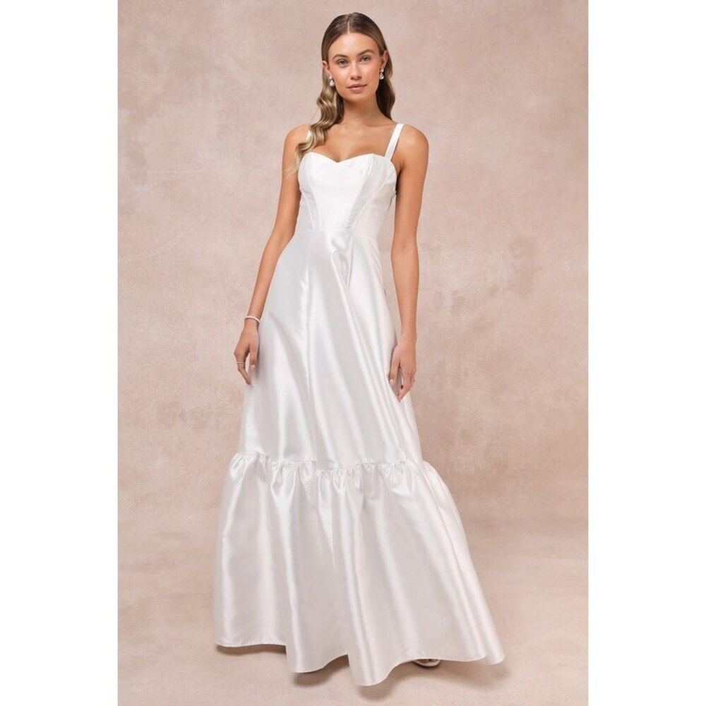 Luxurious Passion White Taffeta Bustier Tiered Maxi Dress